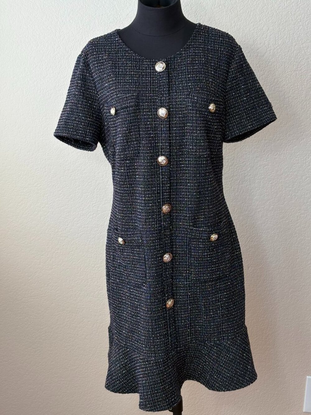 Grace Karin Size 16 Tweed Boucle Dress Gold Crest Buttons Fit Flare Pockets